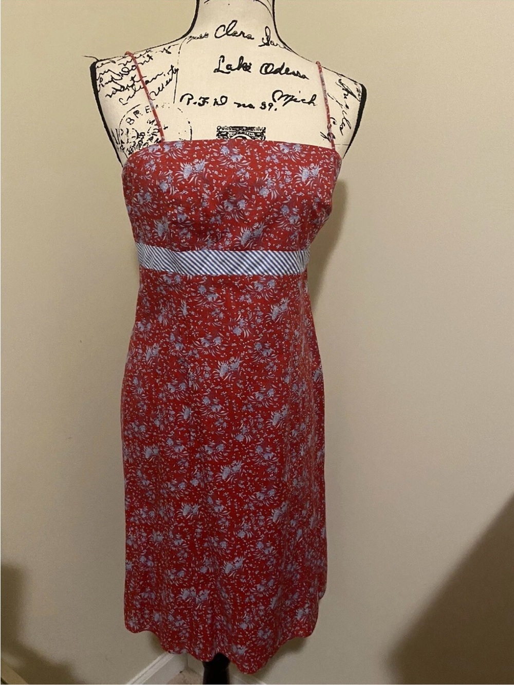ANN TAYLOR RED & BLUE FLOWER DRESS SPAGHETTI STRAP WITH  BOW TIE SIZE 4